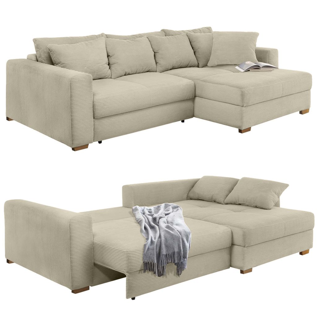 Ecksofa-Dauerschläfer Federkern Couch seitenverkehrt Bettkasten Cord Beige Grau / 15154
