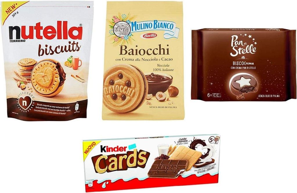 TESTPAKET Biscotti Farciti Mulino Bianco Ferrero Pan di Stelle gefüllte Kekse Nutella Biscuits - Baiocchi - Biscocrema - Kinder Cards 4 Stück bis...