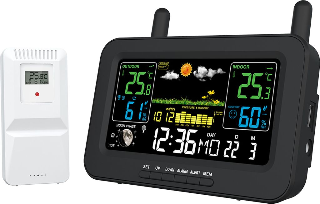 Wetterstationen, kabellose Innen- und Aussenthermometer, LCD-Farbdisplay, Temperatur- und Luftfeuchtigkeitsmonitor mit Aussensensor, Wetterthermome...