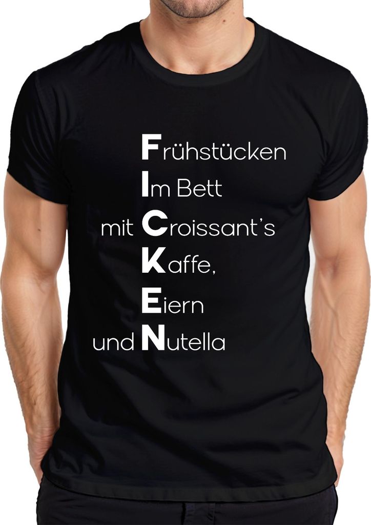 Frühstück im Bett mit Croissant Kaffee Schokocreme Lustig Spruch Herren T-Shirt, Schwarz, XXL