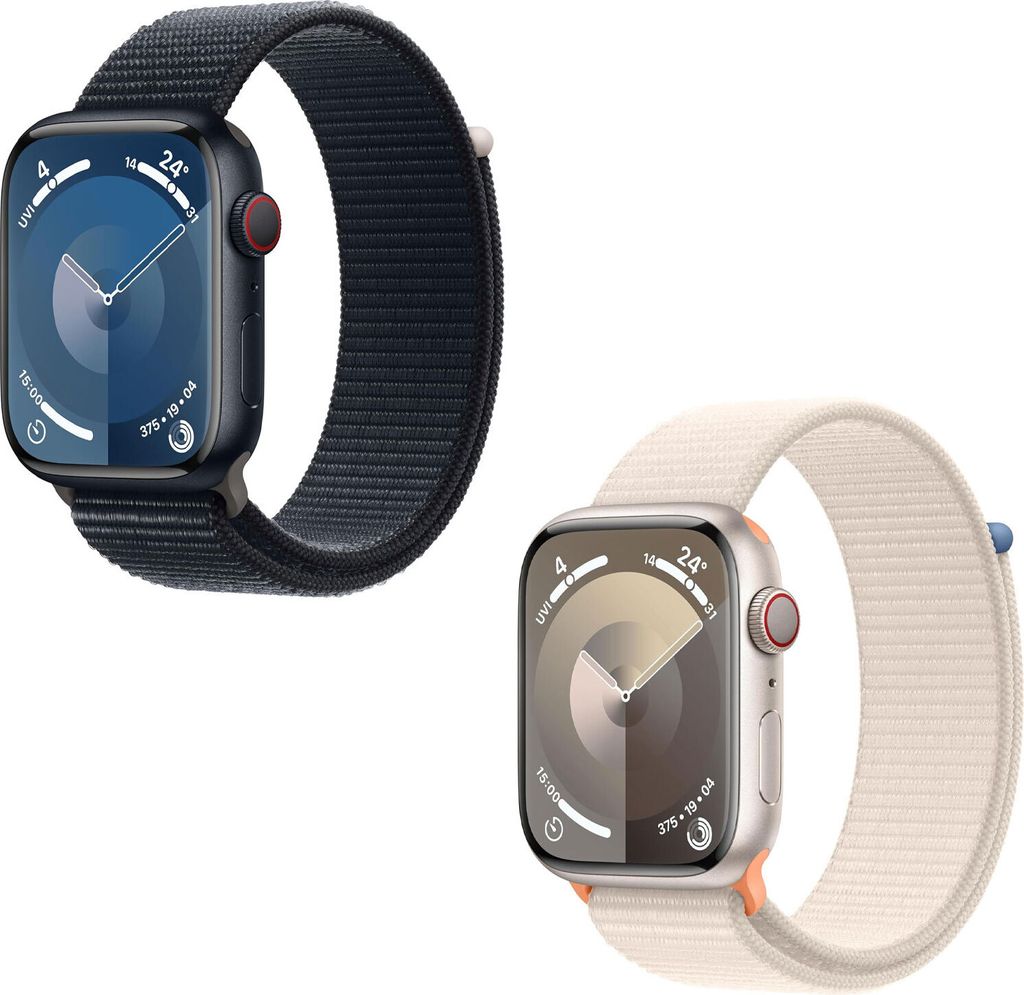 Two Apple Watches with different colored bands are displayed side-by-side against a white background.