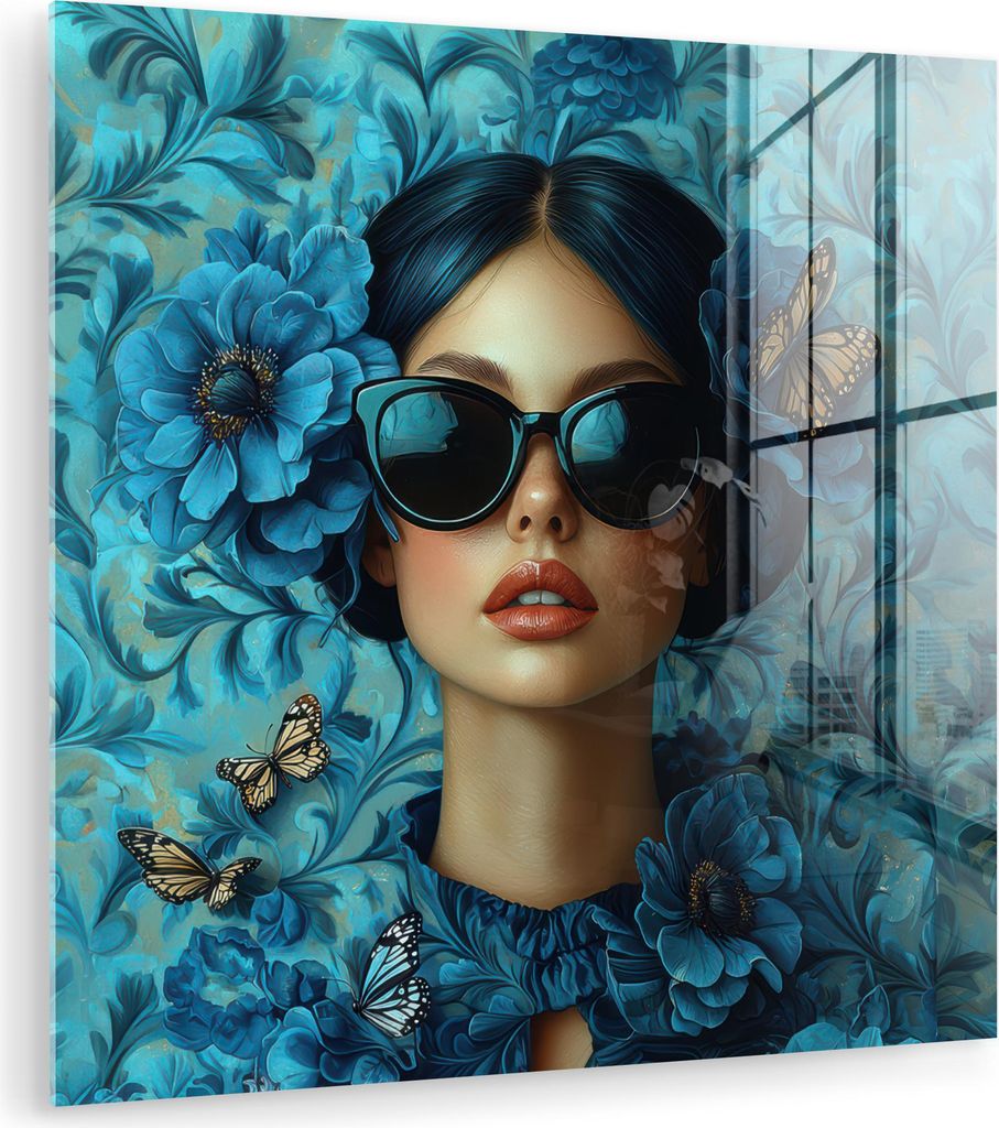 MuchoWow Glasbilder - Bilder auf Wandbild - Foto auf Glas Frau - Blumen - Schmetterlinge - Blau - Abstrakt 20x20 cm Wanddekoration aus Glas - Acryl...