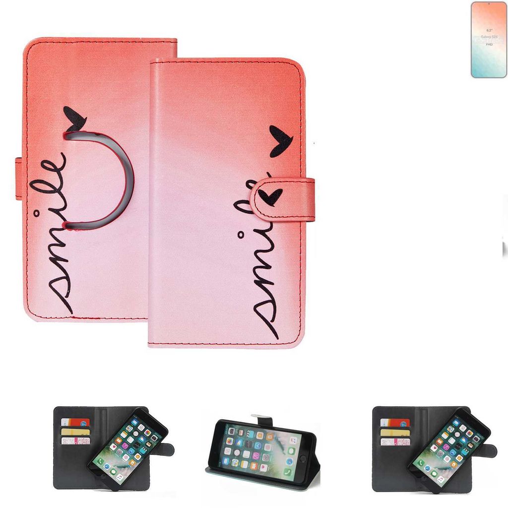 K-S-Trade Schutzhülle Handyhülle kompatibel mit Samsung Galaxy S24 Hülle cover bookstyle Etui ''smile'' rot Standfunktion Kameraschutz (1Stk)