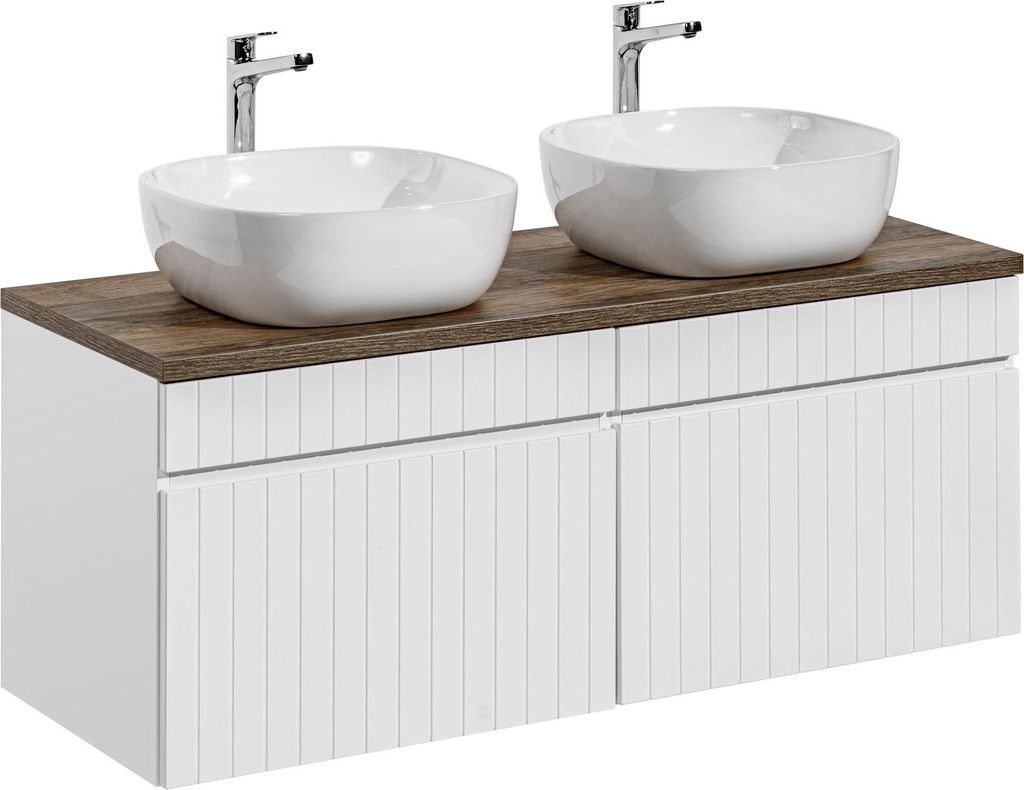 Badmöbel-Set 160 Cm Mit Arbeitsplatte Und 2 Waschbecken - Weiß Matt + Eiche Santa Fe