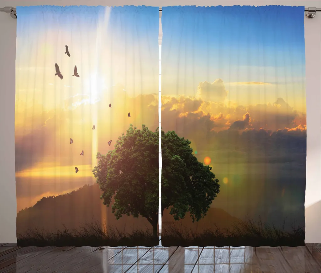 ABAKUHAUS Tenda rustica estiva, romantica vista tramonto fatato, tende universali per soggiorno con passanti e ganci, 280 x 245 cm, multicolore
