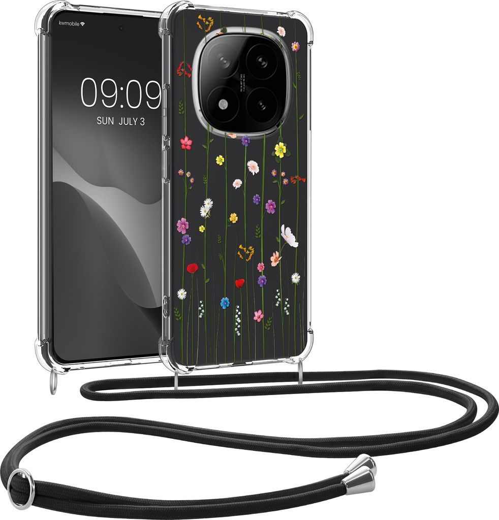 kwmobile Necklace Case kompatibel mit Xiaomi Redmi Note 14 Pro 5G / Poco X7 Hülle - Silikon Cover mit Handykette - Mehrfarbig Transparent Wildblumen