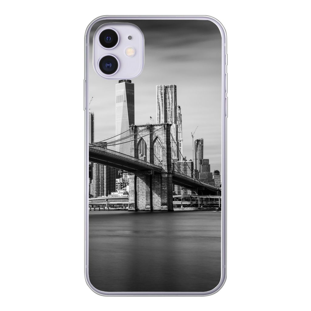 MuchoWow Handyhülle Schutzhülle Hülle für iPhone 11 Architektur - New York - Brooklyn Bridge - Wasser - Schwarz und weiß Silikon Softcase Ha...