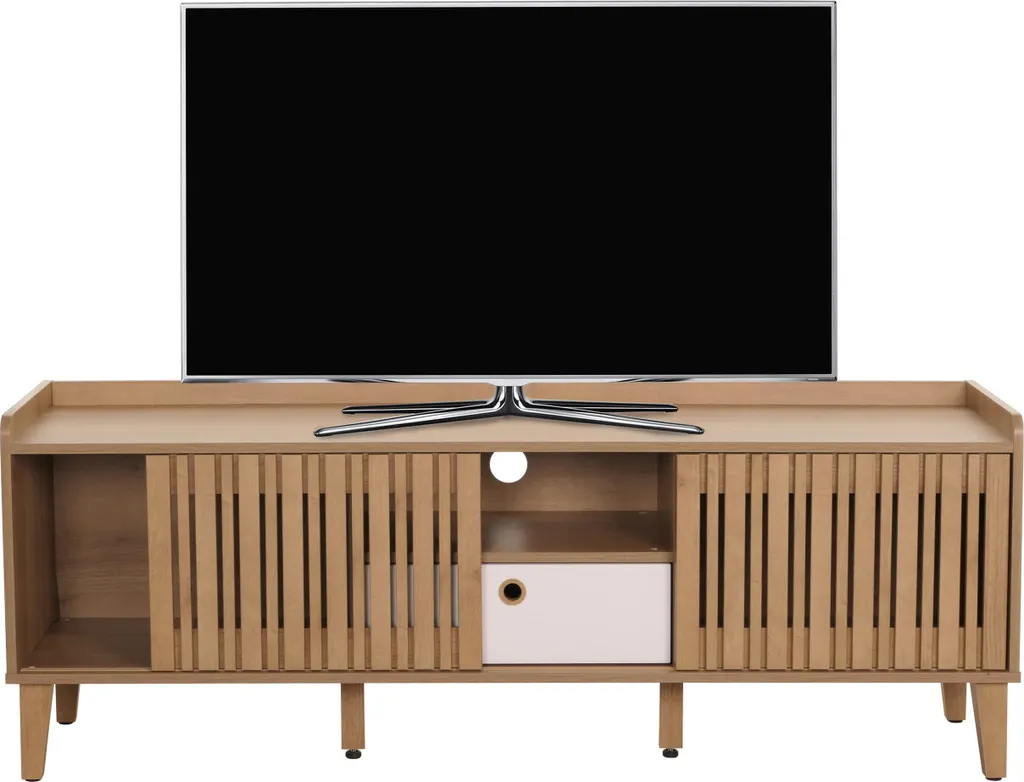 Mobile TV 150cm HWC-M48 Anta Scorrevole Stile Nordico Legno e Bianco