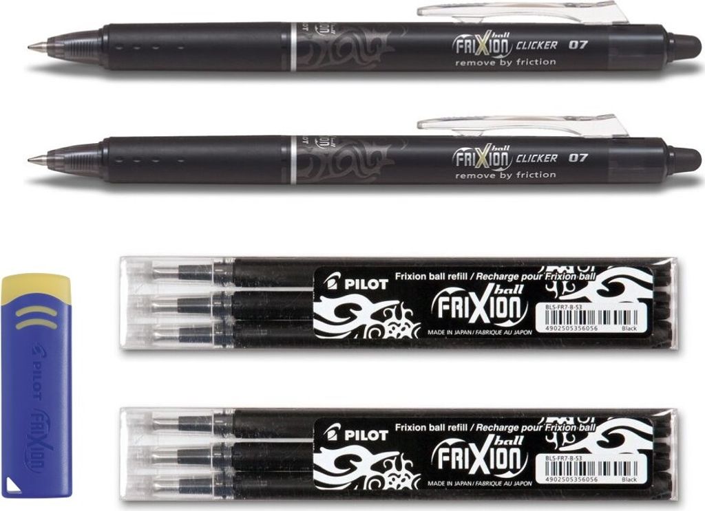 2 Pilot Frixion Clicker 0.7 schwarz, 6 Ersatzminen 0.7 schwarz + Radierer gratis