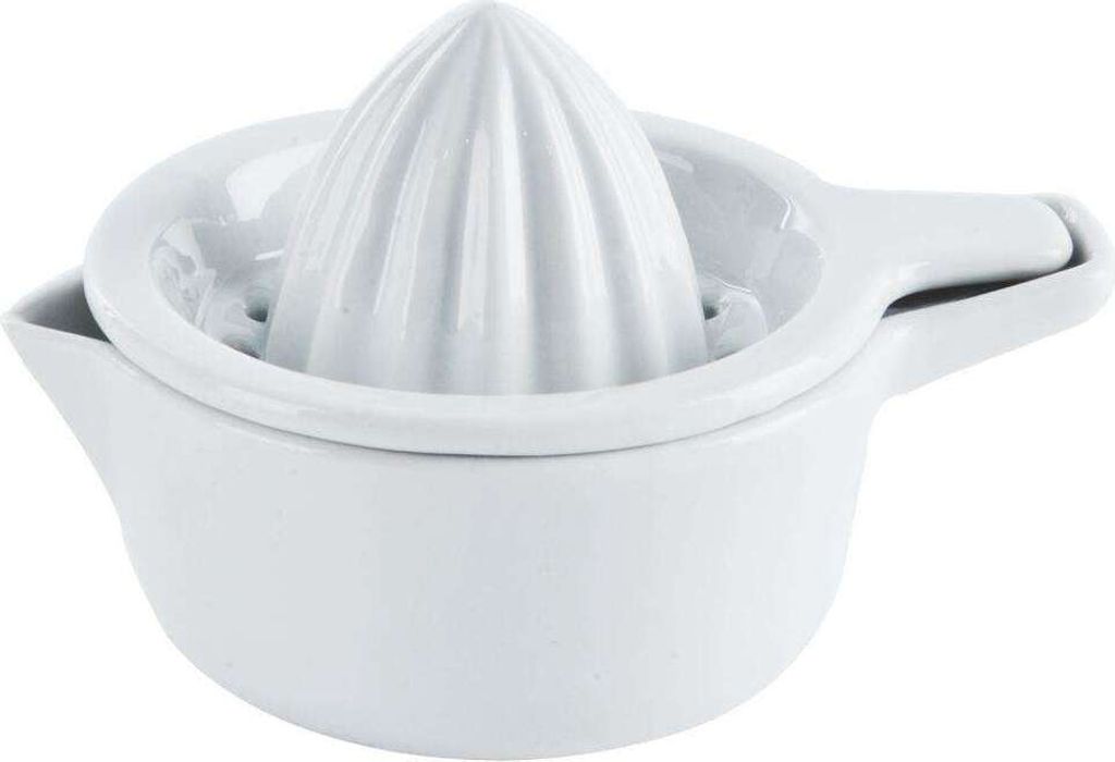 A white ceramic citrus juicer is shown against a white background.