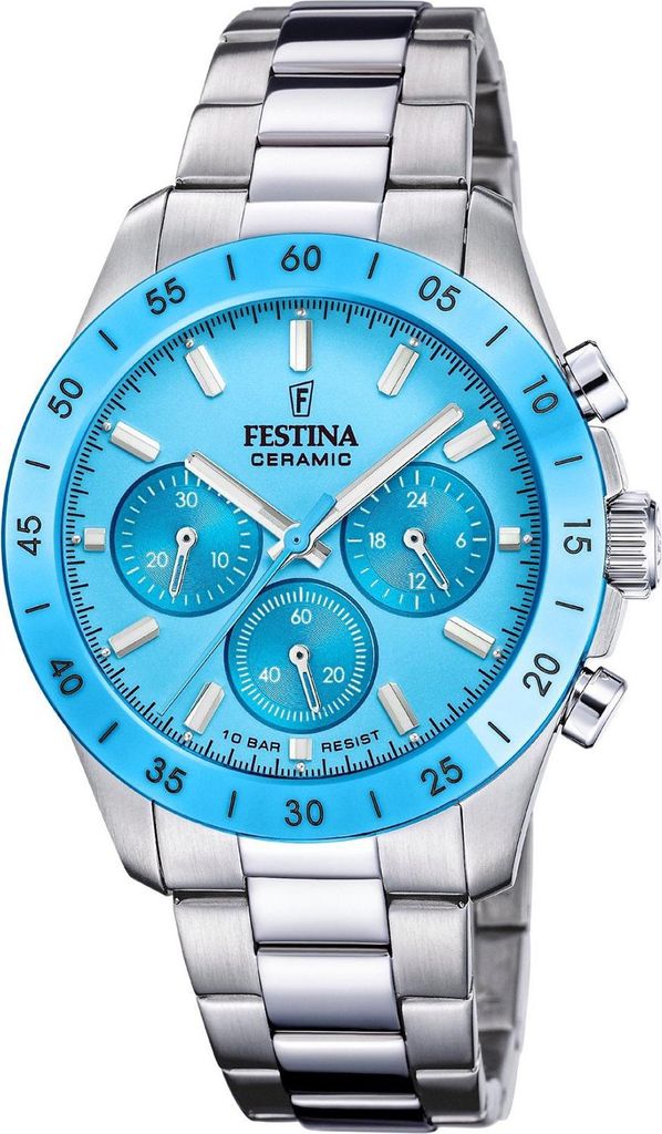 Festina Uni-Uhr Keramik Blau Chrono Quarz Edelstahl-Band