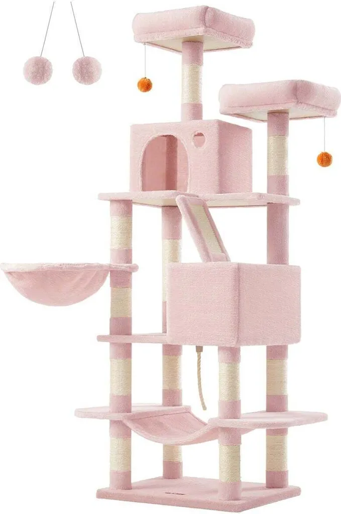 Arbre à chat stable anti-basculement 65kg Rose Pastel Rootz 168 cm