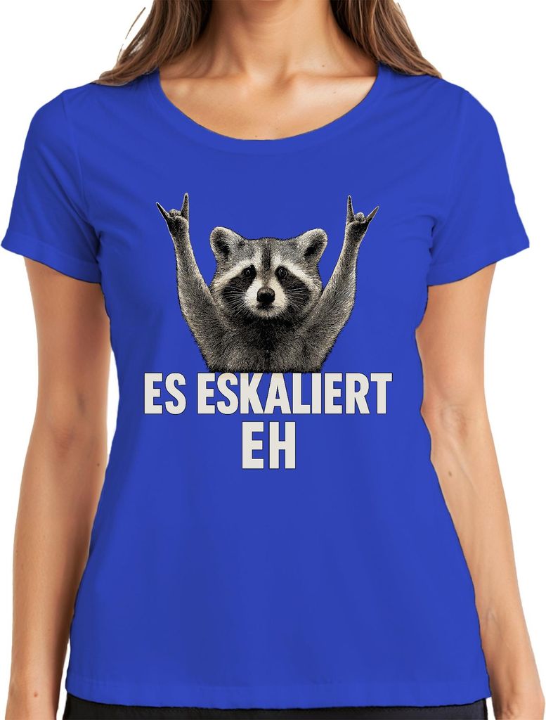Es eskaliert eh Waschbär Rocker Party Humor Vintage Retro lustig Damen T-Shirt, Blau, S