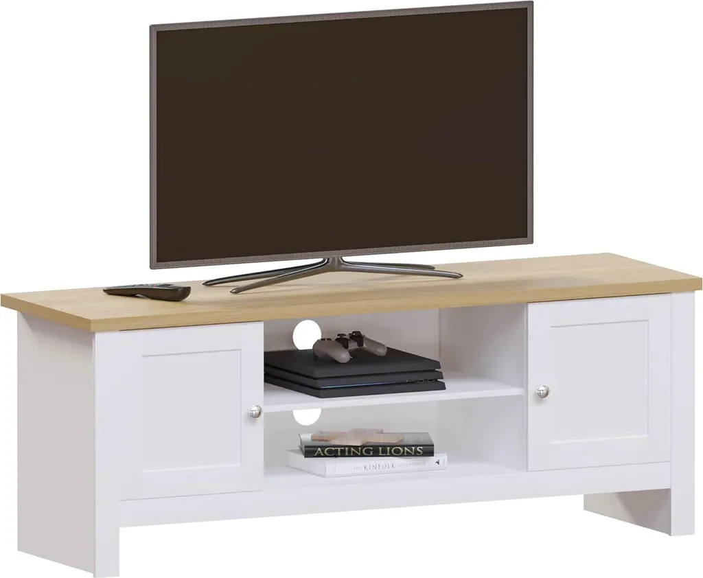 Support TV Blanc Arlington pour Salon et Chambre avec Grand Rangement