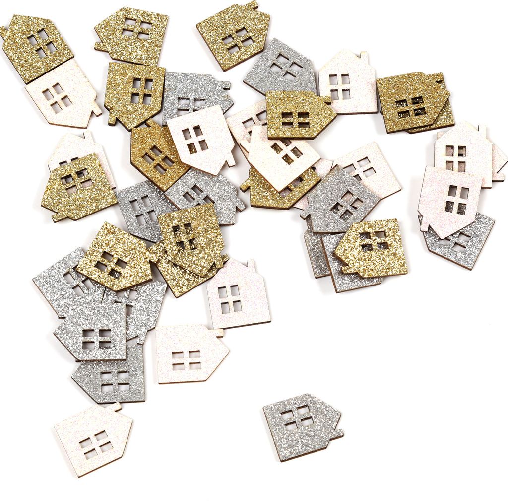 Oblique Unique Holz Konfetti Häuser Streudeko Winter Glitzer Tisch Deko für Advent Weihnachten Weihnachtsdeko - weiß silber gold