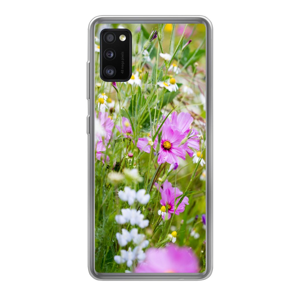 MuchoWow Handyhülle Schutzhülle Hülle für Samsung Galaxy A41 Blumen - Natur - Grün - Gras - Lila - Weiß Silikon Softcase Handy Hülle - Mob...