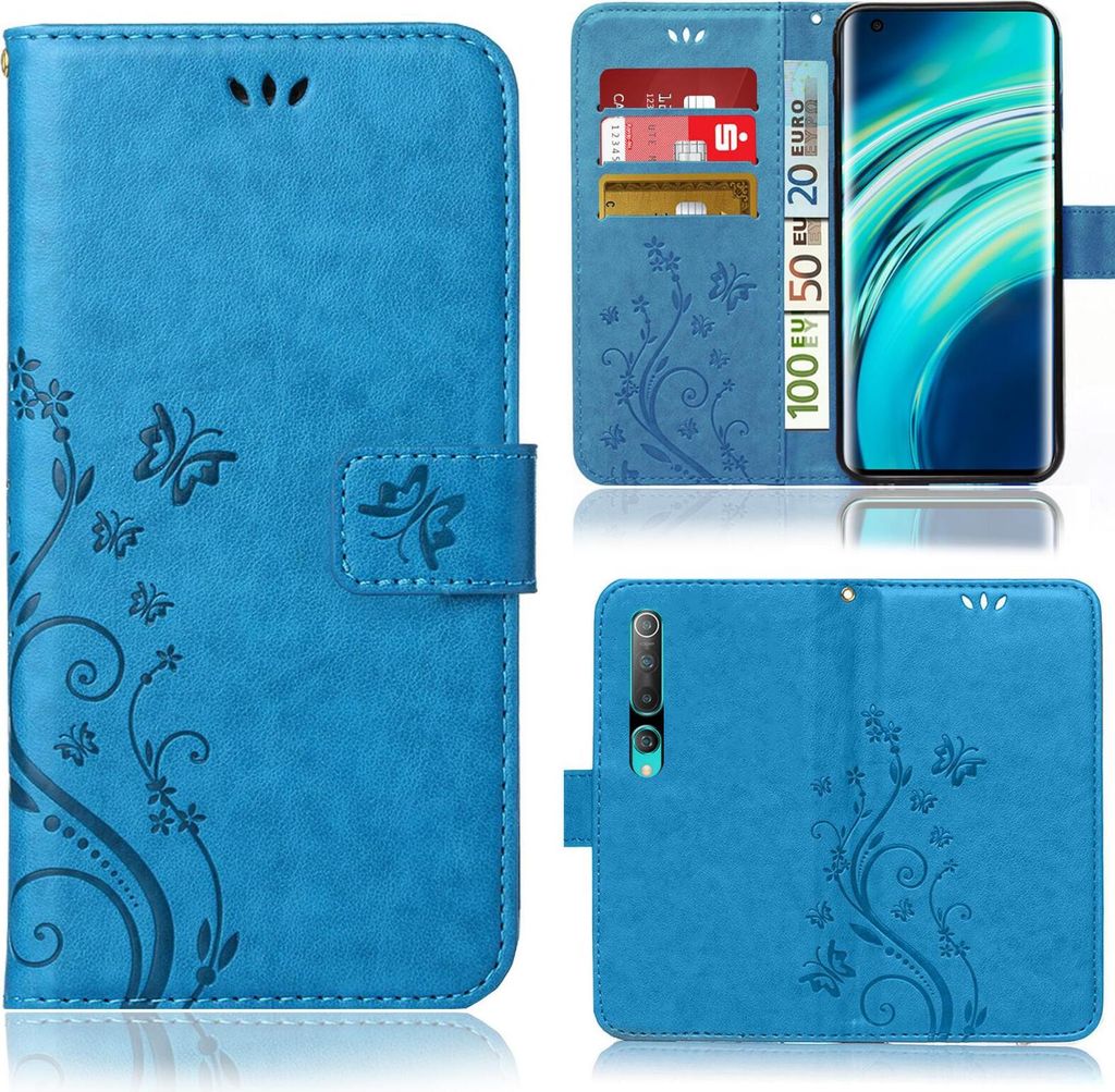 Handy Tasche für Xiaomi Mi 10 / Mi 10 Pro Schutz Hülle Handyhülle mit Blumenmuster Klapp Hülle mit Standfunktion und Kartenfächer Blau