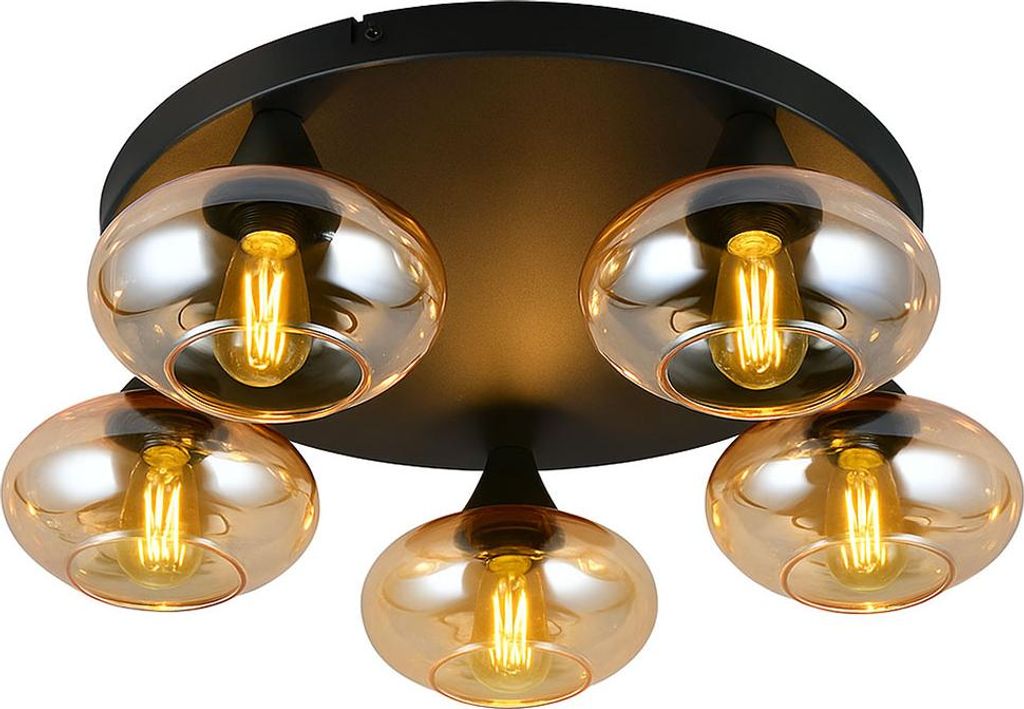 LED Deckenleuchte, Glas amber, schwarz, dimmbar, D 49 cm