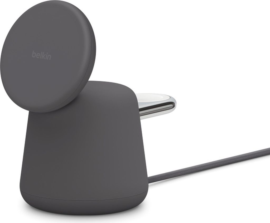 A gray 2-in-1 wireless charging stand with a MagSafe charger and a charging cable.