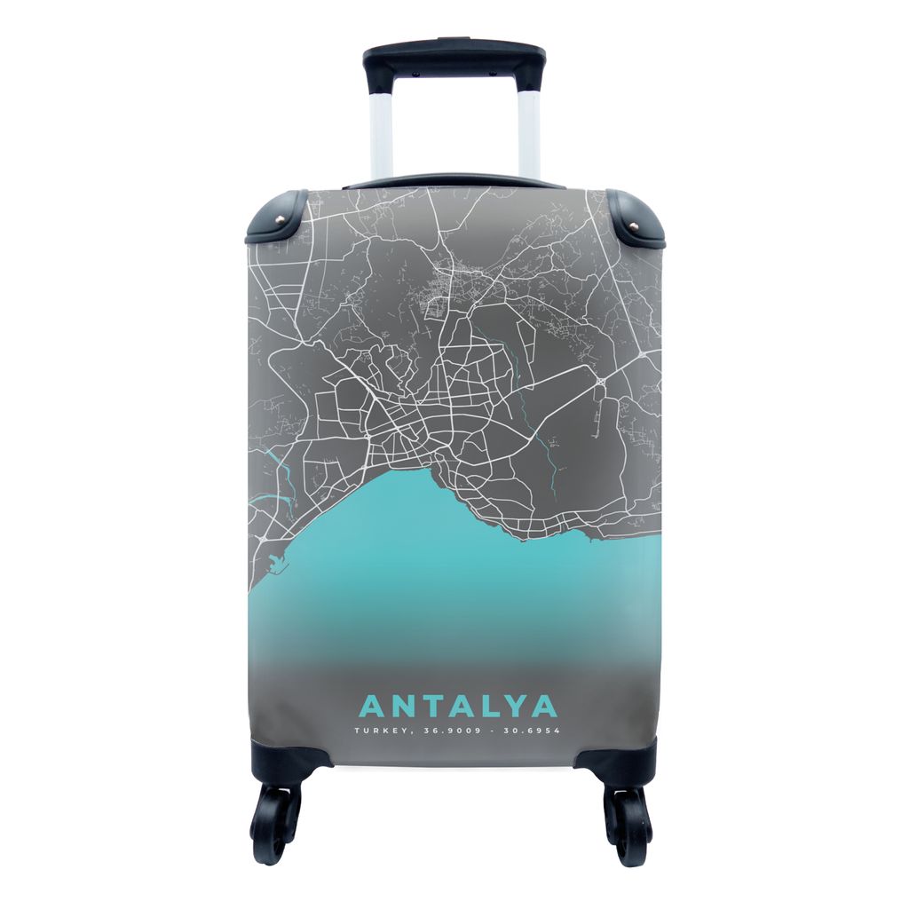 MuchoWow Koffer Handgepäck Trolley Rollkoffer Kleine Reisekoffer mit 4 Rollen - Antalya - Stadtplan - Karte - Blau - Cabin Size < 55x40x23 cm & ...