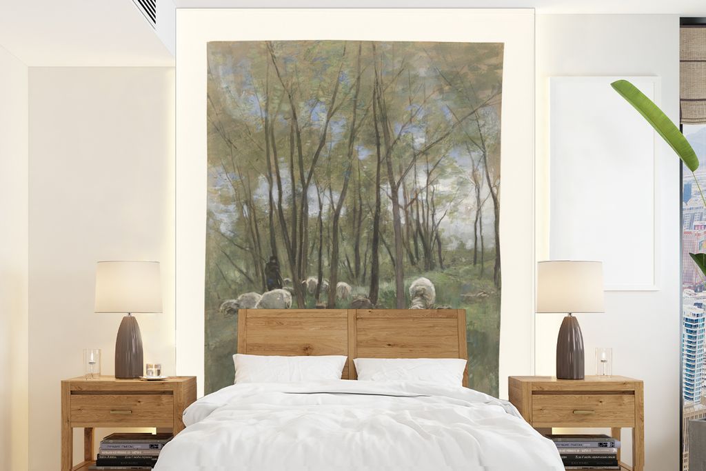 MuchoWow Fototapete für Wohnzimmer oder Schlafzimmer Wandtapete Vinyl Motivtapete Schafherde in einem Wald - Gemälde von Anton Mauve - 165x220 ...