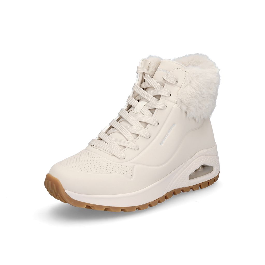 A single off-white high-top sneaker with a brown sole and faux fur trim is shown against a white background.