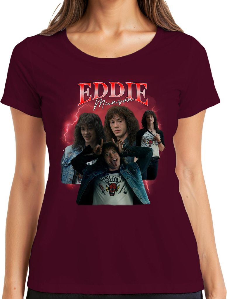 Eddie Munson Hellfire Club Stranger Metal Geschenk Vintage Serie 90s Bootleg Damen T-Shirt, Burgundy, S