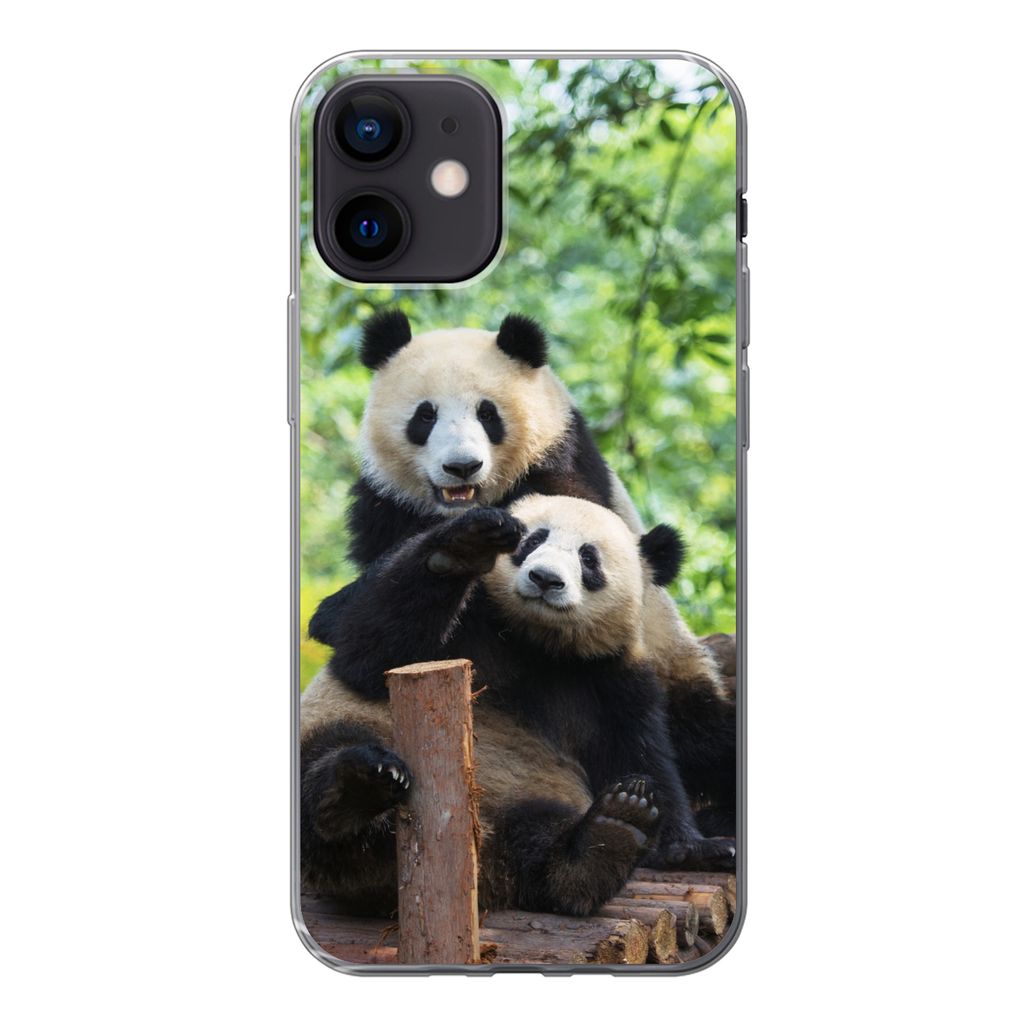 MuchoWow Handyhülle Schutzhülle Hülle für iPhone 12 Panda - Brücke - Natur Silikon Softcase Handy Hülle - Schutzhülle