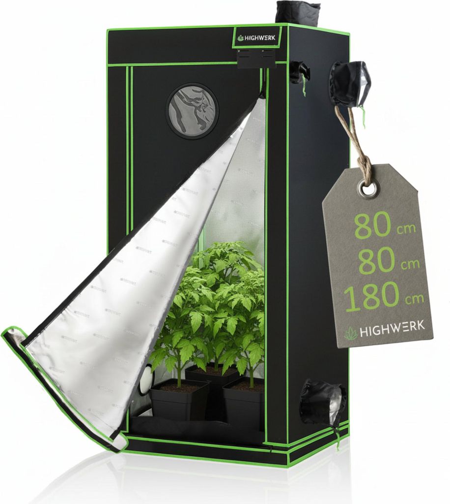 HIGHWERK Growzelt 80 x 80 x 180 cm, Indoor Grow tent, schwarz grün, Homegrow, Growschrank, Pflanzenzelt