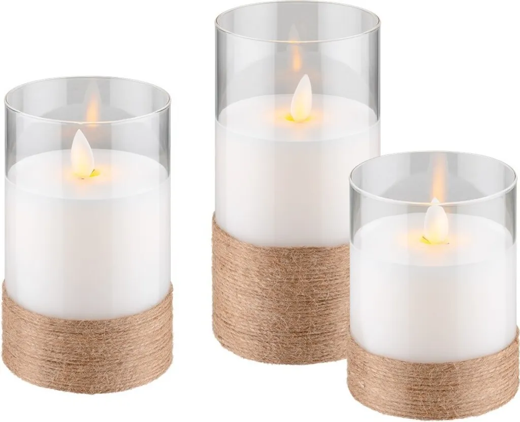 Set 3 Candele a LED Goobay Vetro e Canapa - Luce Calda 3D