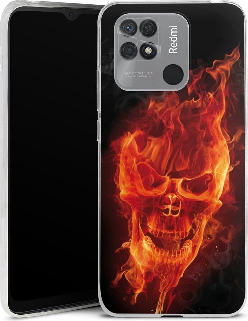 DeinDesign Slim Hülle für Xiaomi Redmi 10C Silikon Case Ultra Dünn Handyhülle Feuer Schädel Totenkopf