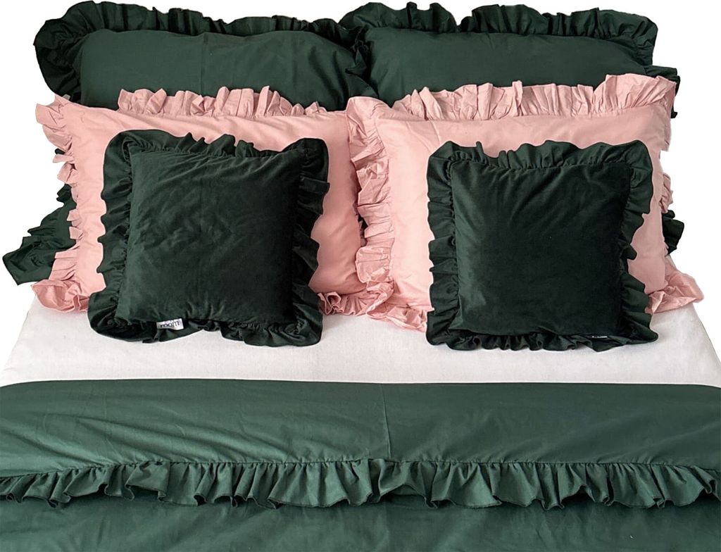 Baumwolle Bettwäsche Mit Rüschen Set Schlafzimmer Bettdeckenbezug 160X200 Cm + 6 Kissenbezüge Flasche Grün Schmutziges Rosa
