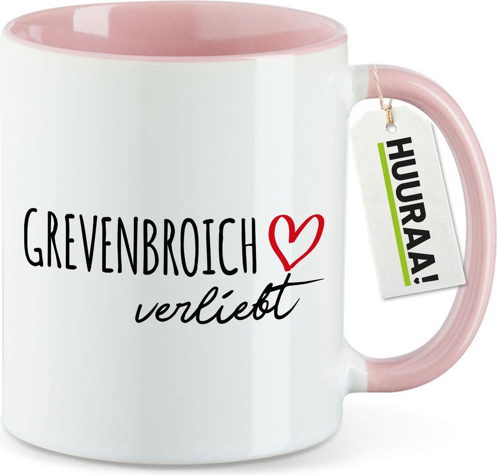 Huuraa Kaffeetasse Grevenbroich verliebt 330ml Rosa Keramik Kaffeebecher Geschenkidee