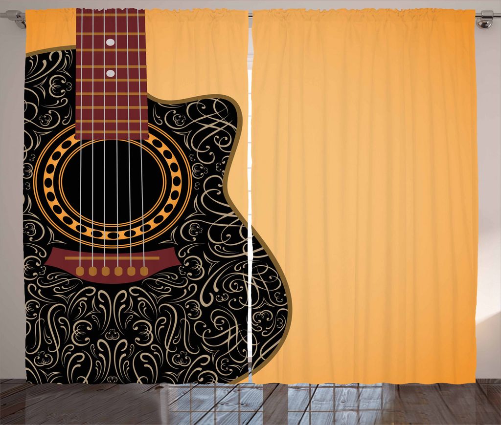 ABAKUHAUS Gitarre Rustikaler Gardine, Floral Folk-Ornamente, Schlafzimmer Kräuselband Vorhang mit Schlaufen und Haken, 280 x 225 cm, Hell Orange K...