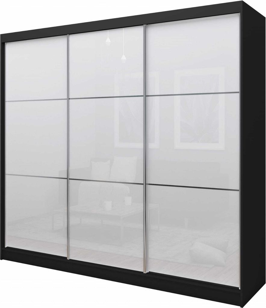 Schwebetürenschrank Viva, Kleiderschrank mit 3 Türen, Moderne Garderobe in Farbe: Schwarz / Weiß, Schrank in Größe: 240 x 216 x 61 cm