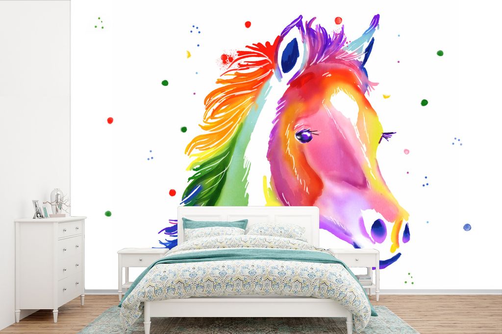 MuchoWow Fototapete für Wohnzimmer oder Schlafzimmer Wandtapete Vinyl Motivtapete Pferd - Regenbogen - Polka dots - Mädchen - Kinder - Mädchen...