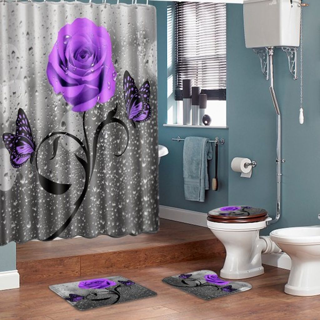 Duschvorhang Badematte WC Deckel Badteppich Badvorleger Teppiche Schmetterlinge 
