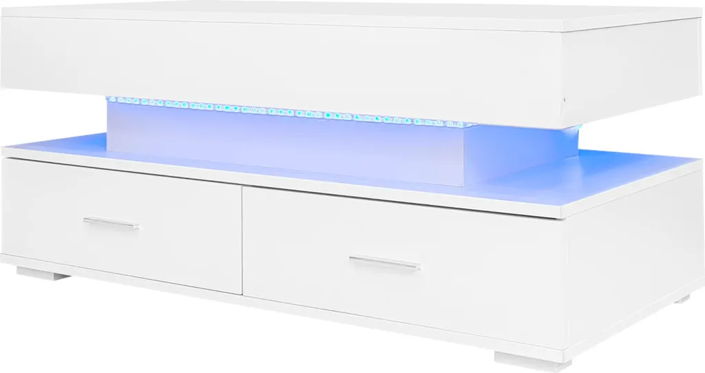 OKWISH Table Basse Relevable Blanc Laqué avec LED Bluetooth et 2 Tiroirs - 10