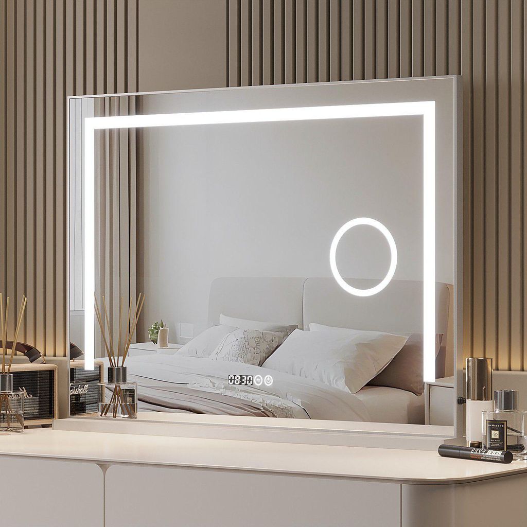 LED Kosmetikspiegel 80 x 60 cm Hollywood Spiegel mit Beleuchtung Schminkspiegel Dimmbar 3 Lichtfarben Tischspiegel mit 3-fache Vergrößerung