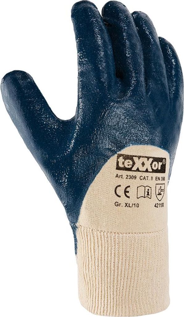 teXXor Nitril-Handschuhe (¾-beschichtet) STRICKBUND, Beige/Blau
