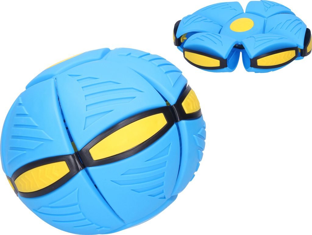 A blue flat ball toy is shown in two states: one in its spherical form and another in its flattened, disc-like form. The toy has yellow and black accents.