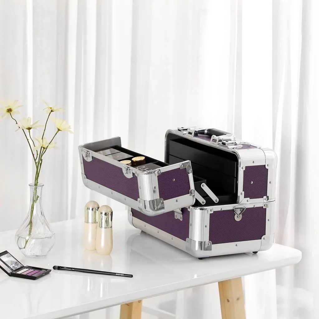 Borsa Cosmetici Compatta Viola - Pochette Trucco in Tessuto Oxford - 3