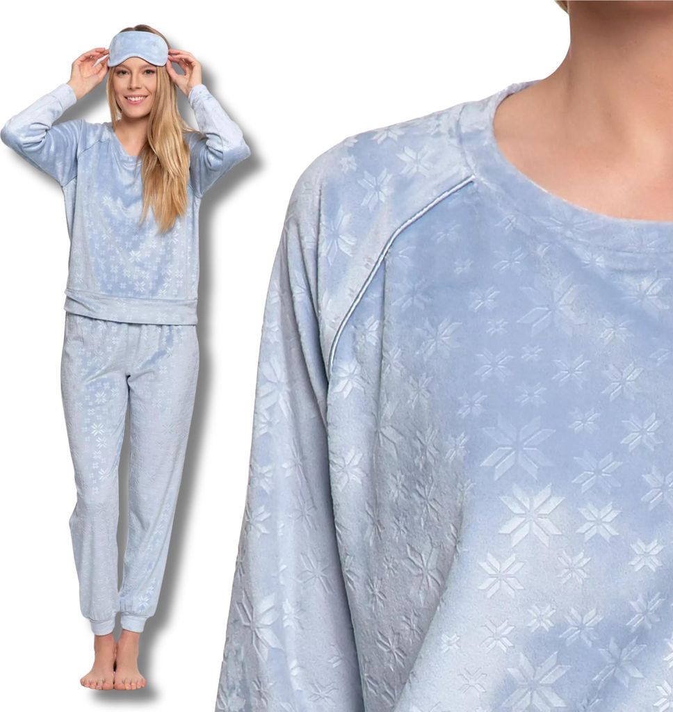 Warmer Damen Schlafanzug Augenbinde Winter Schneeflocke Velour Moraj Xl