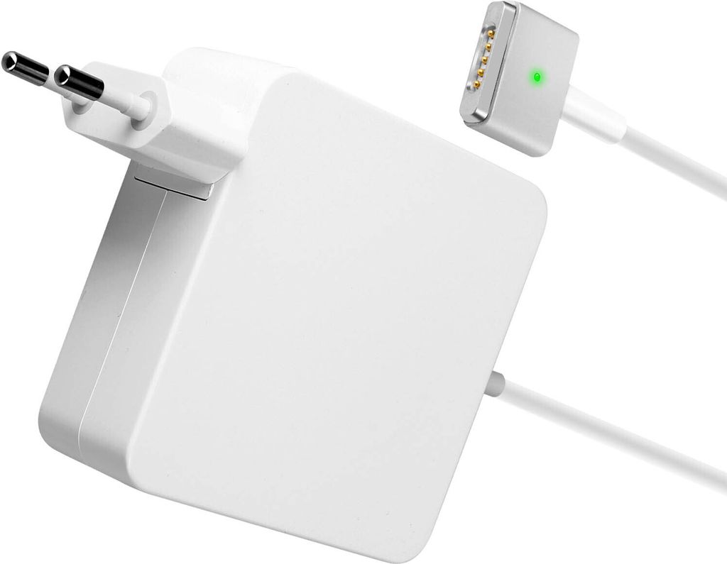 A white Macbook Magsafe 2 charger and its magnetic connector are shown against a white background.