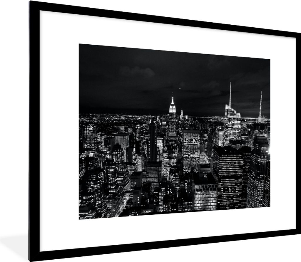 MuchoWow Gerahmtes Poster Skyline - Schwarz - Weiß - New York - Amerika 80x60 cm - Poster mit Schwarzem Bilderrahmen Wandposter Rahmen Foto Bild...