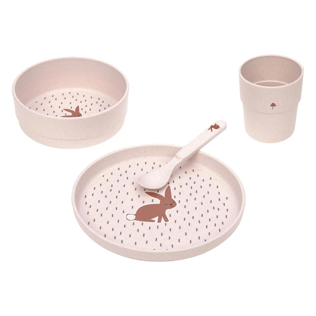 LÄSSIG Kindergeschirr Set (Teller, Becher, Schälchen, Löffel), BPA-frei, für Spülmaschine und Mikrowelle/Dish Set Little Forest Rabbit
