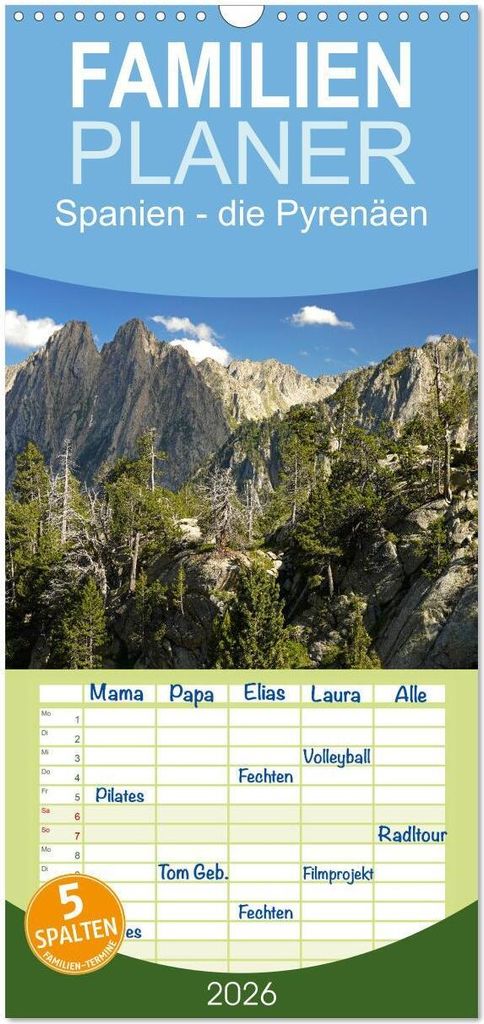 Familienplaner 2026 - Spanien - die Pyrenäen mit 5 Spalten (Wandkalender, 21 x 45 cm) CALVENDO