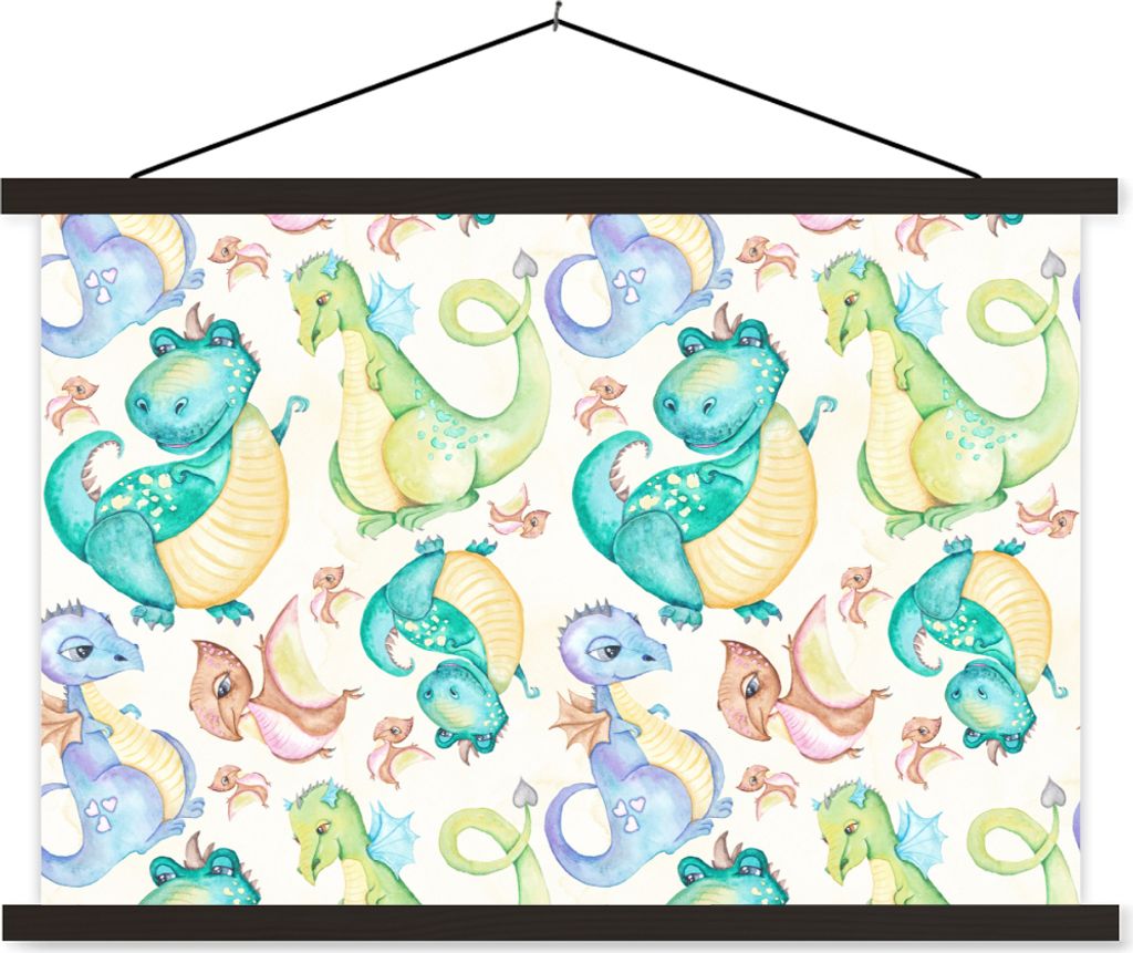 MuchoWow Textilposter Dinosaurier - Aquarell - Kinder - Jungen - Mädchen - Kinder 90x60 cm mit schwarzem Rahmen - Aufhängungssatz