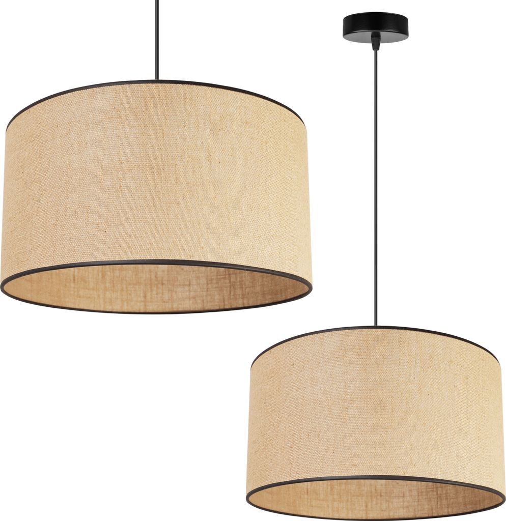 Light-Home Juta Hängelampe - Metall mit Lampenschirm aus Stoff - E27 - Klassisch 1-Flammig 40 cm - Schwarz Basis und Jute und Schwarz Schrägband