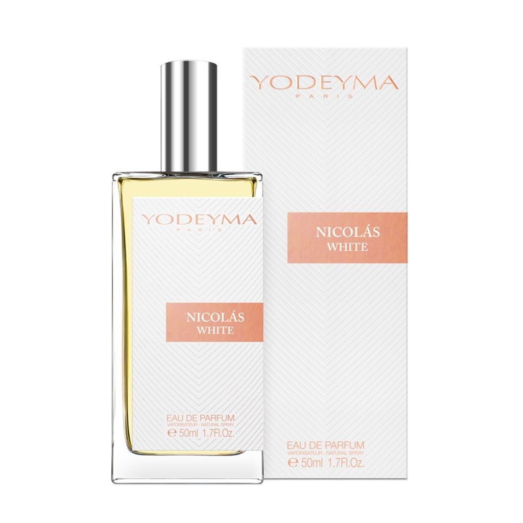 A bottle of Yodeyma Nicolas white perfume and its packaging are displayed against a white background.